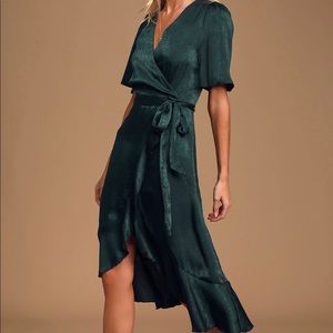 Lulu’s Dark Green Satin Midi Wrap Dress